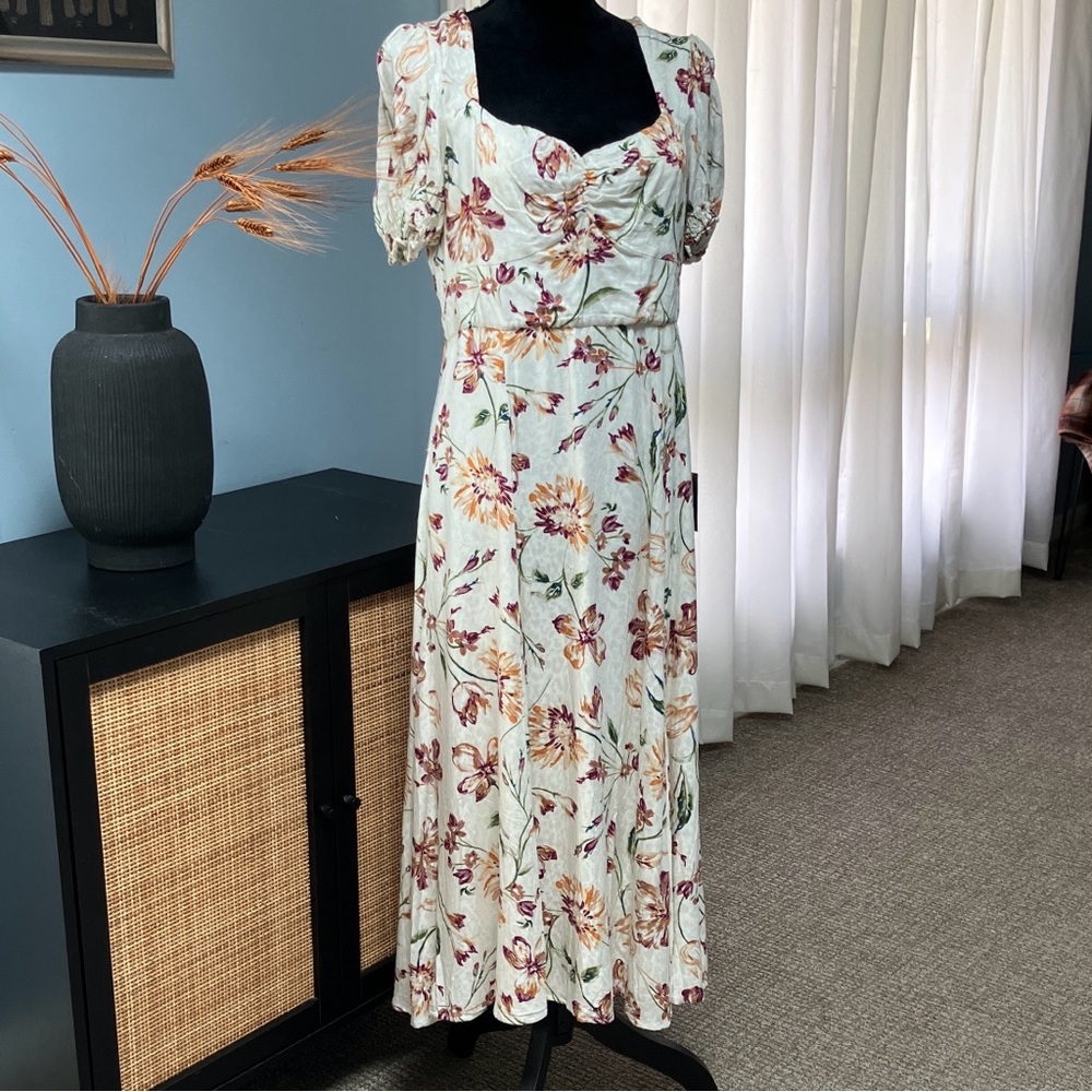 Lulu's XL Cream Floral Midi Dress With Slit-Pink & Brown Blossoms-Cottagecore - Picture 6 of 11